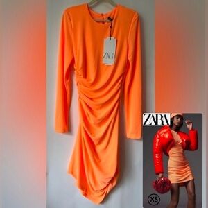 Zara, Women's Draped Long Sleeve Dress - Bright Orange. Size: XS. NWT